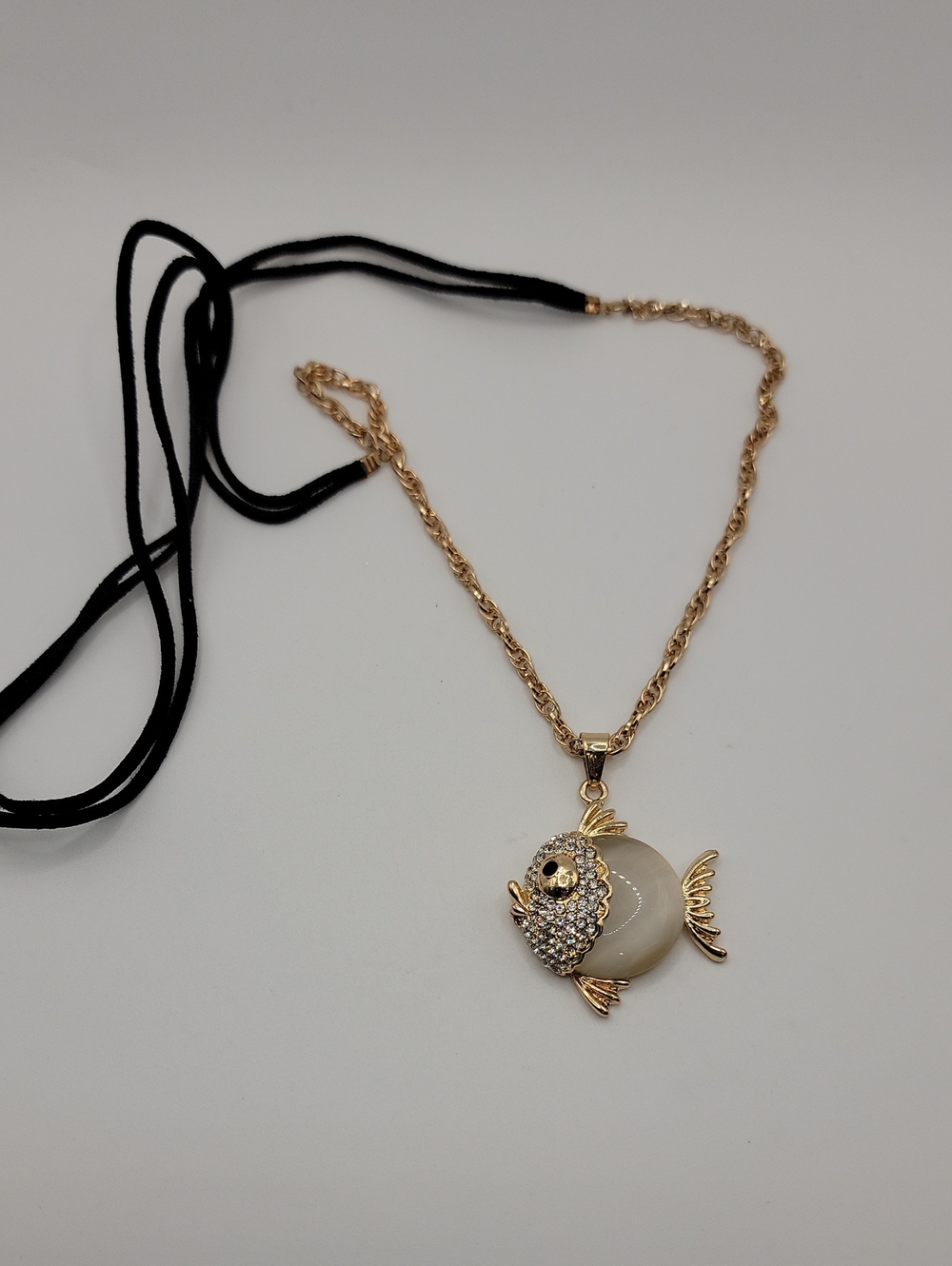 Gold-Tone Fish Pendant Necklace White Stone Accent 30" Chain and Velvet Cord